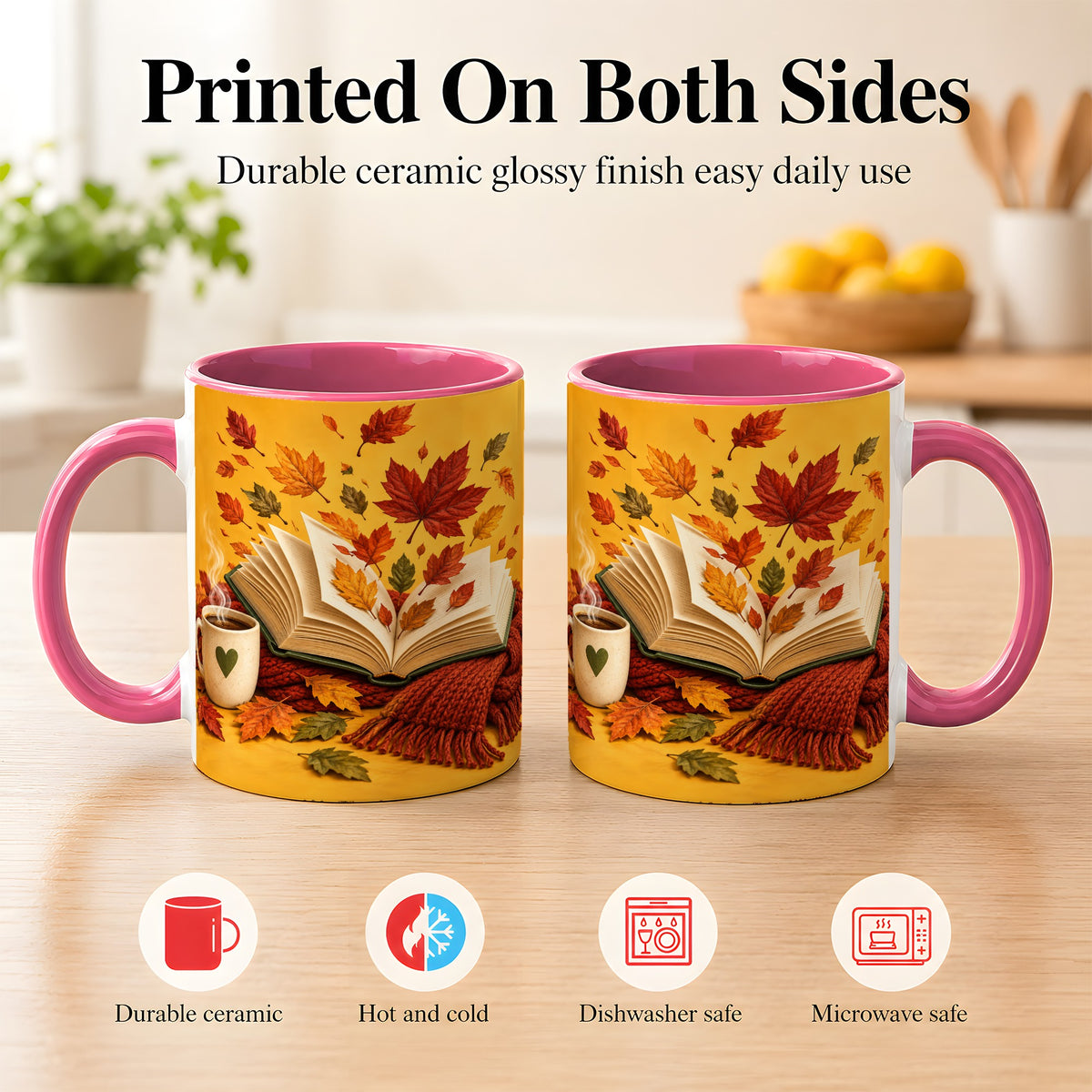 #pl[11oz|Pink] Autumn Reading Coffee Mug, Cozy Book Lover Mug, Ceramic Cup