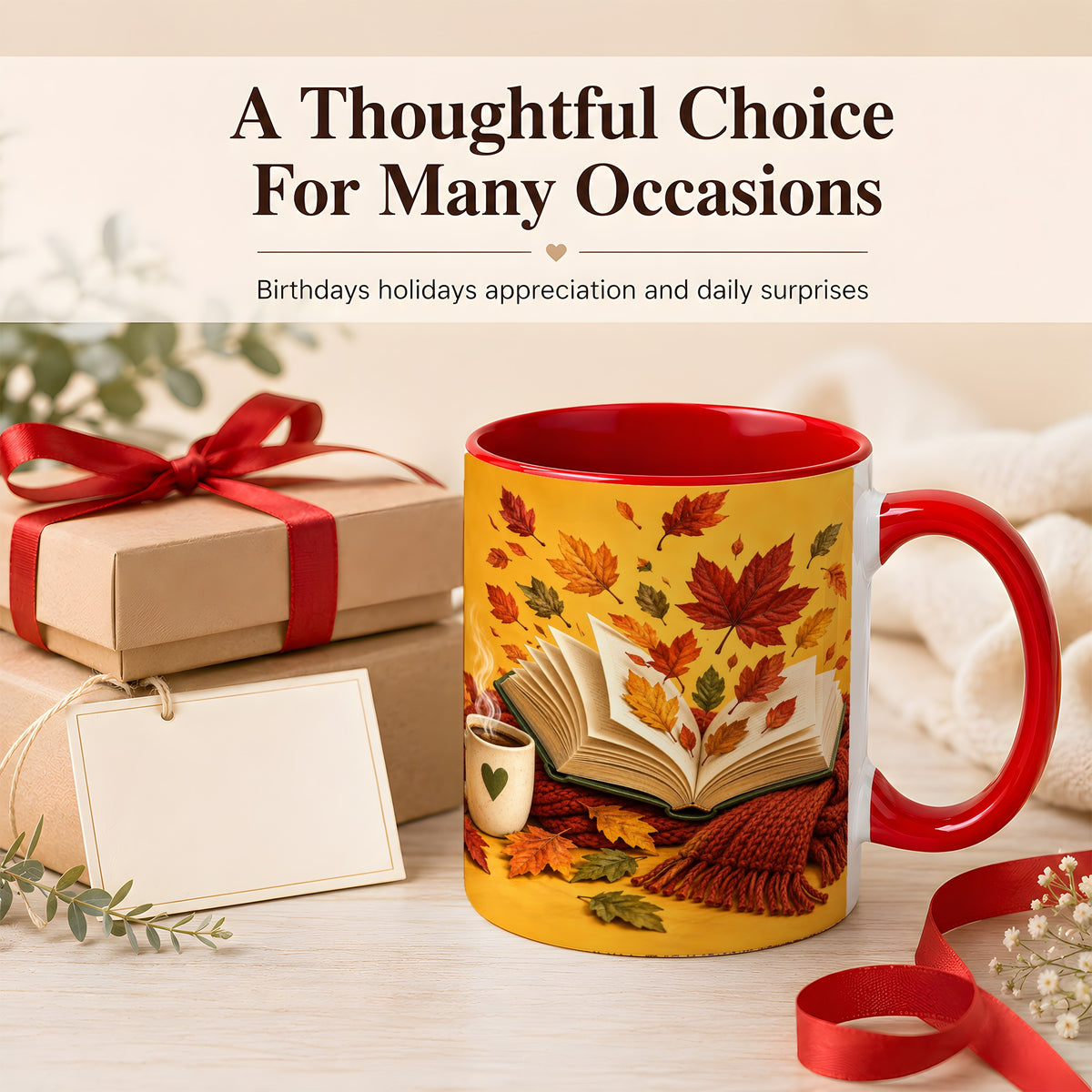 #pl[11oz|Red] Autumn Reading Coffee Mug, Cozy Book Lover Mug, Ceramic Cup