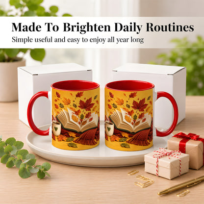 #pl[11oz|Red] Autumn Reading Coffee Mug, Cozy Book Lover Mug, Ceramic Cup