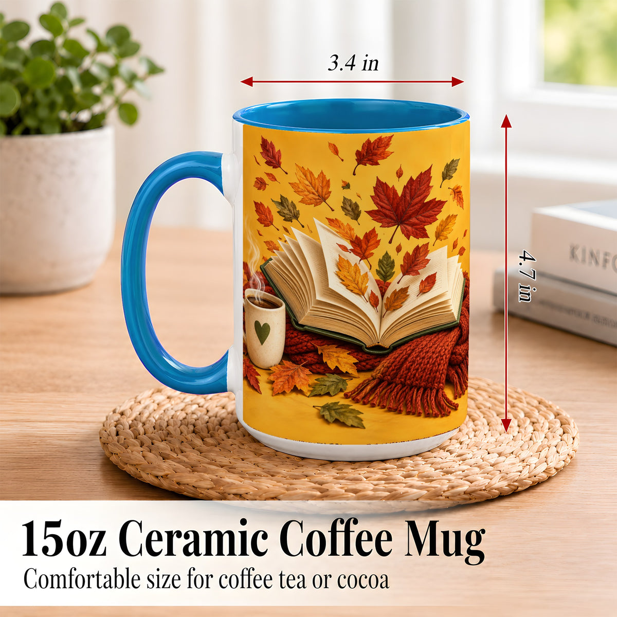 #pl[15oz|Blue] Autumn Reading Coffee Mug, Cozy Book Lover Mug, Ceramic Cup