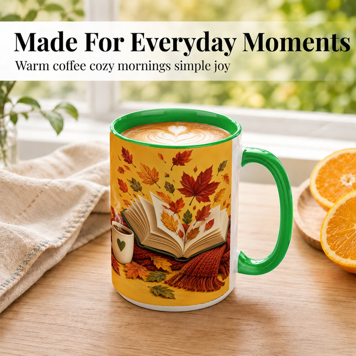 #pl[15oz|Green] Autumn Reading Coffee Mug, Cozy Book Lover Mug, Ceramic Cup