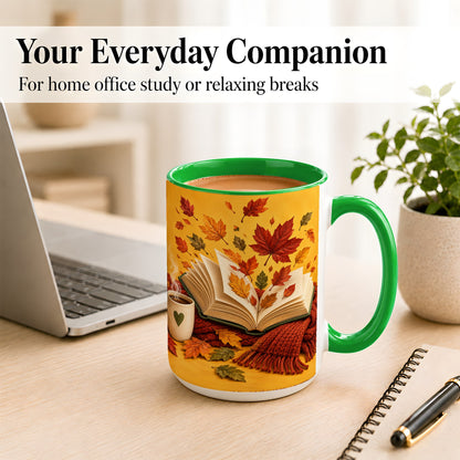 #pl[15oz|Green] Autumn Reading Coffee Mug, Cozy Book Lover Mug, Ceramic Cup