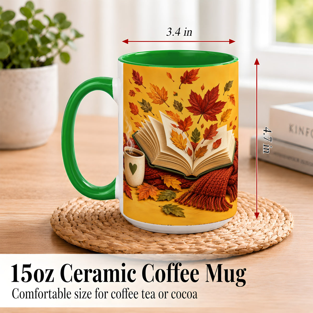 #pl[15oz|Green] Autumn Reading Coffee Mug, Cozy Book Lover Mug, Ceramic Cup