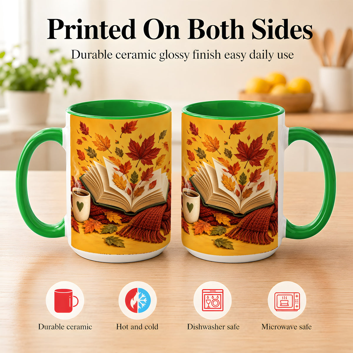 #pl[15oz|Green] Autumn Reading Coffee Mug, Cozy Book Lover Mug, Ceramic Cup