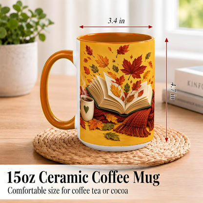 #pl[15oz|Orange] Autumn Reading Coffee Mug, Cozy Book Lover Mug, Ceramic Cup