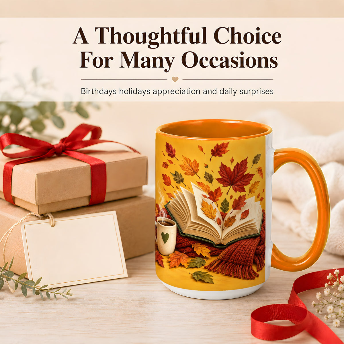 #pl[15oz|Orange] Autumn Reading Coffee Mug, Cozy Book Lover Mug, Ceramic Cup