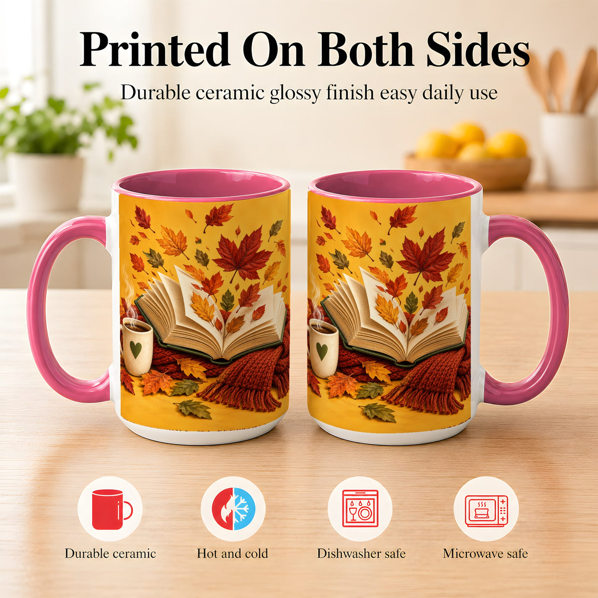 #pl[15oz|Pink] Autumn Reading Coffee Mug, Cozy Book Lover Mug, Ceramic Cup