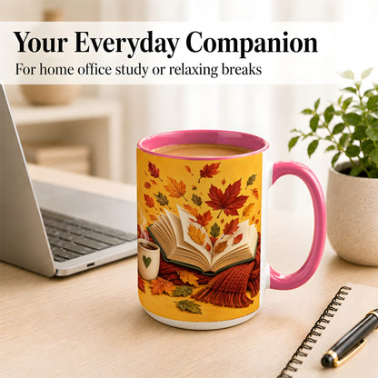 #pl[15oz|Pink] Autumn Reading Coffee Mug, Cozy Book Lover Mug, Ceramic Cup