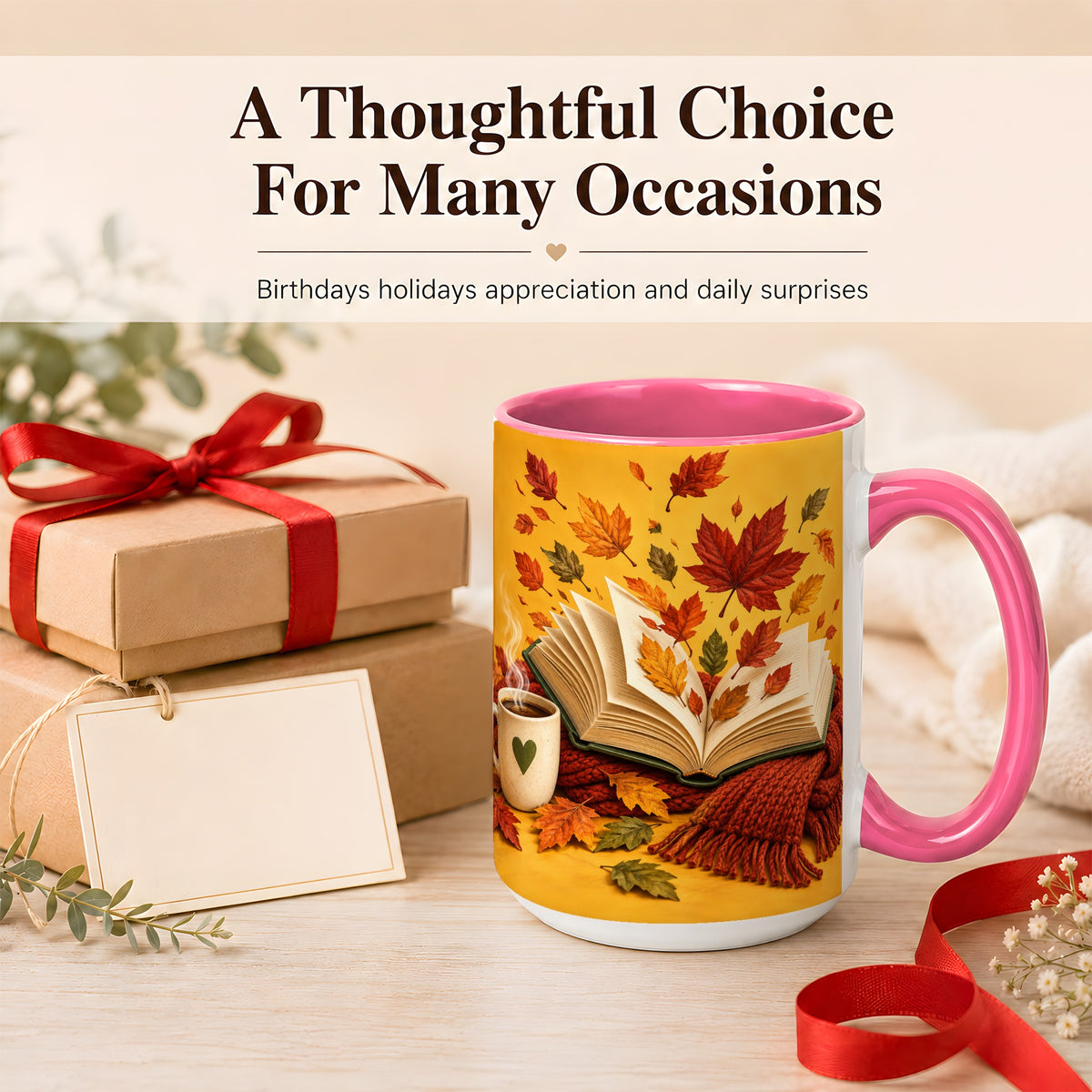 #pl[15oz|Pink] Autumn Reading Coffee Mug, Cozy Book Lover Mug, Ceramic Cup