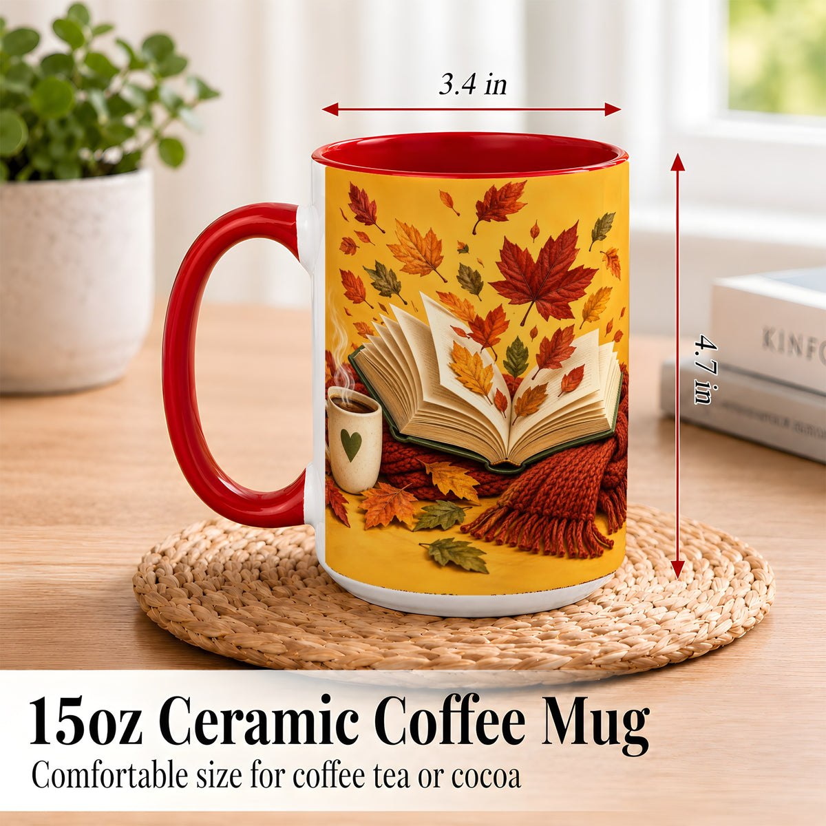#pl[15oz|Red] Autumn Reading Coffee Mug, Cozy Book Lover Mug, Ceramic Cup