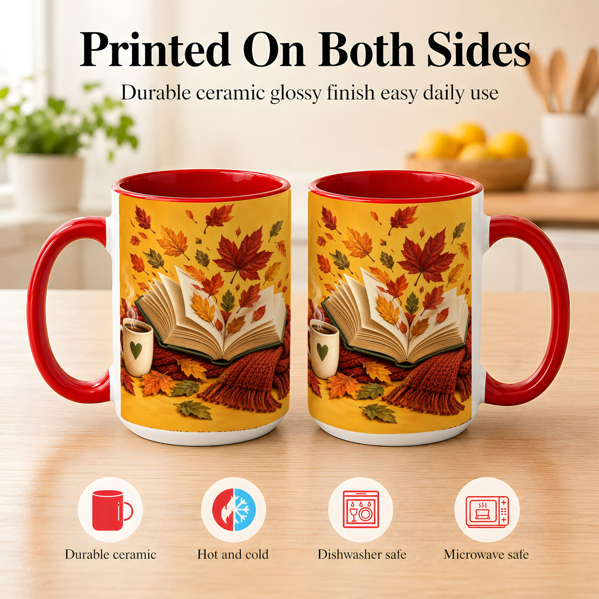 #pl[15oz|Red] Autumn Reading Coffee Mug, Cozy Book Lover Mug, Ceramic Cup