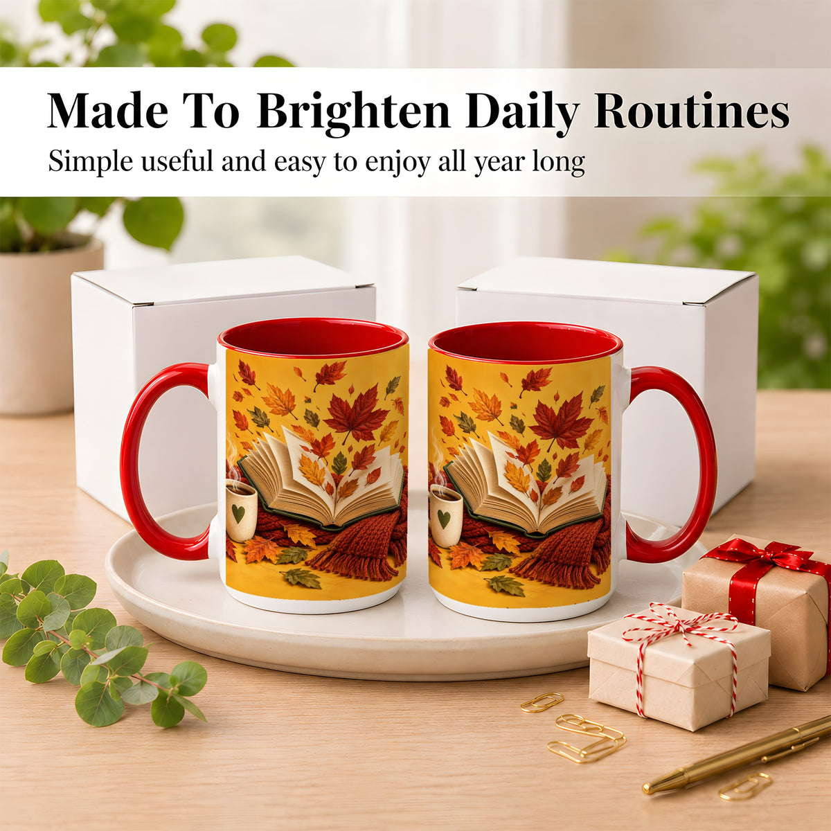 #pl[15oz|Red] Autumn Reading Coffee Mug, Cozy Book Lover Mug, Ceramic Cup