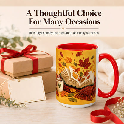 #pl[15oz|Red] Autumn Reading Coffee Mug, Cozy Book Lover Mug, Ceramic Cup
