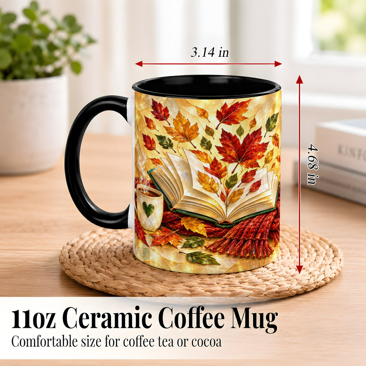 #pl[11oz|Black] Stained Glass Autumn Coffee Mug, Cozy Reading Mug, Ceramic Cup