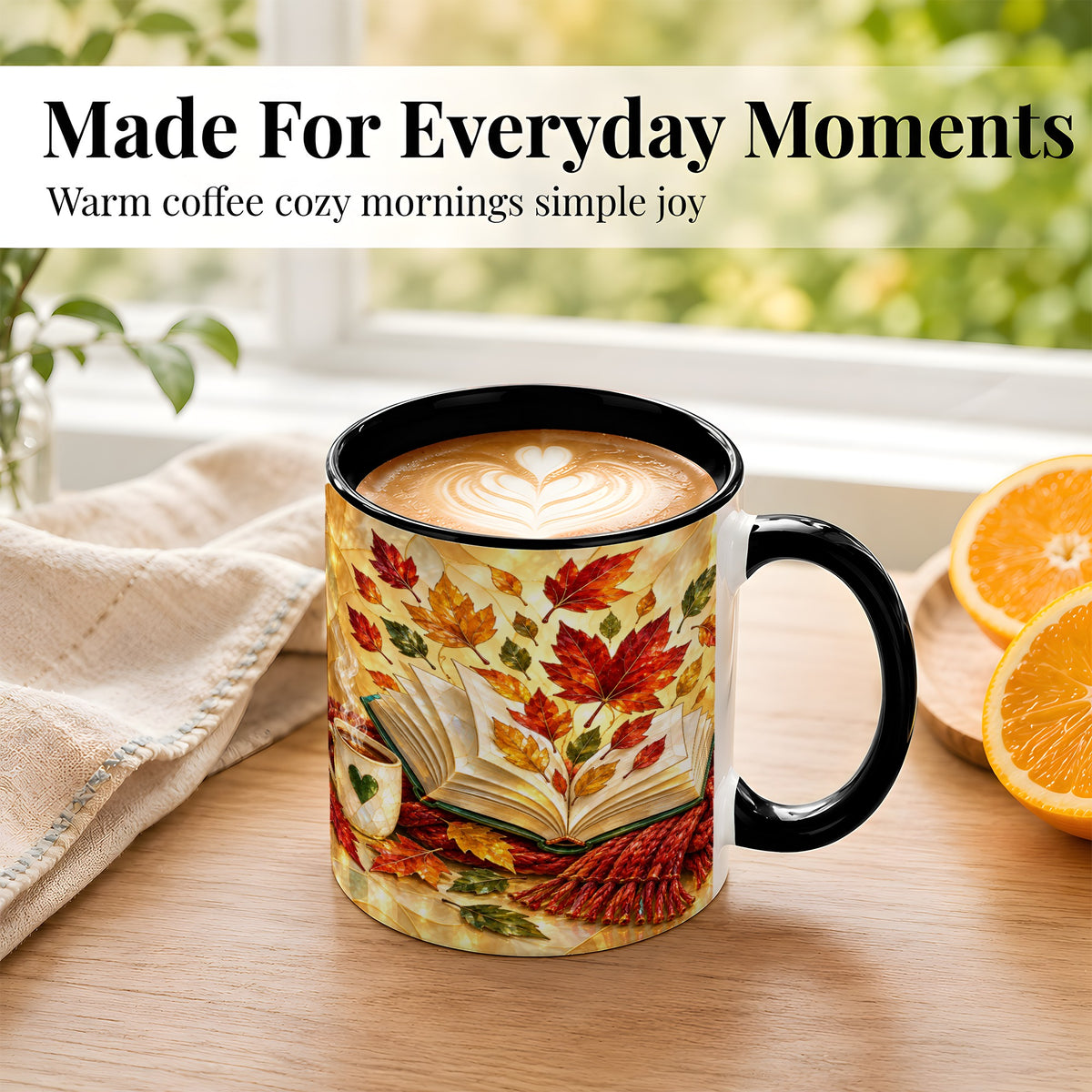 #pl[11oz|Black] Stained Glass Autumn Coffee Mug, Cozy Reading Mug, Ceramic Cup