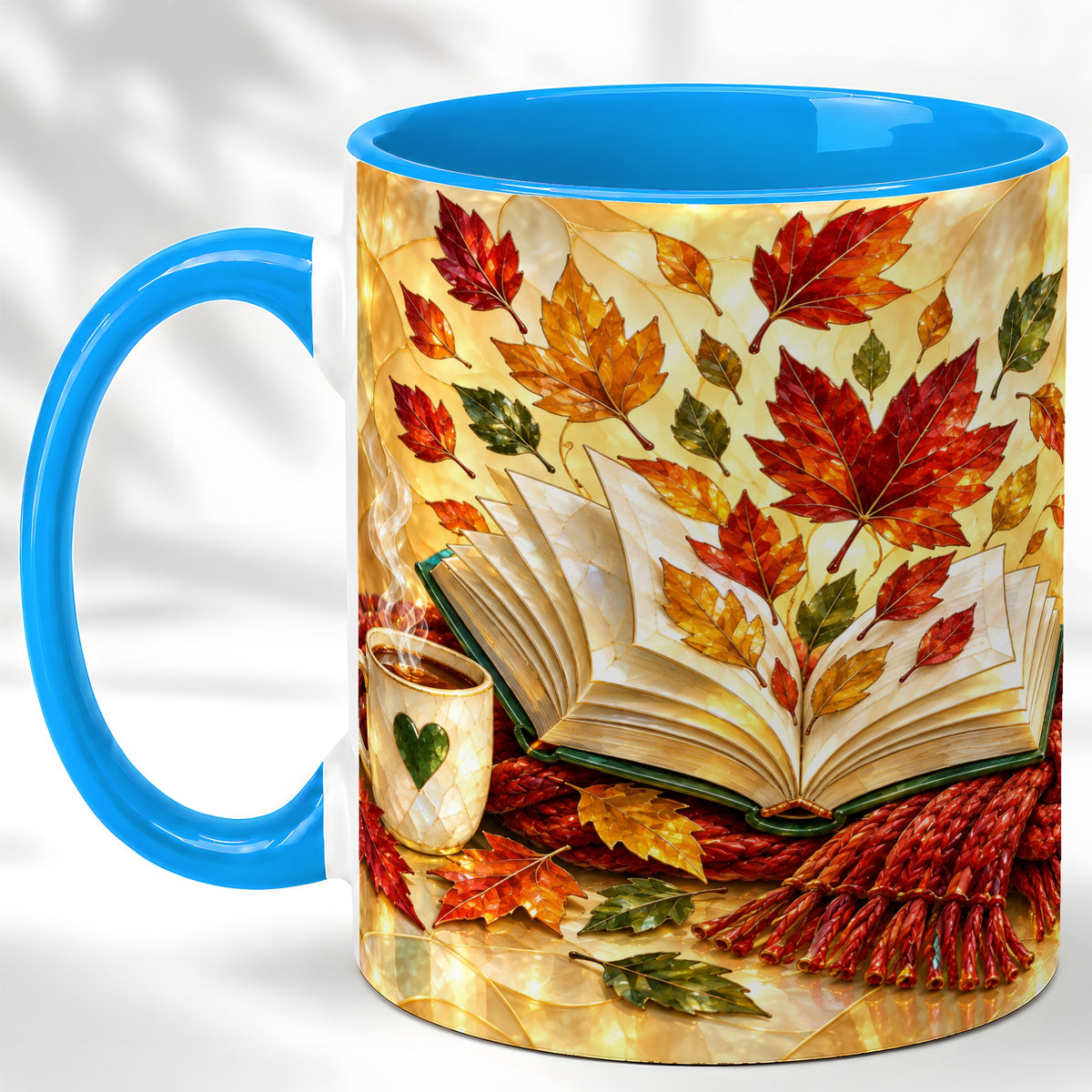 #pl[11oz|Blue] Stained Glass Autumn Coffee Mug, Cozy Reading Mug, Ceramic Cup