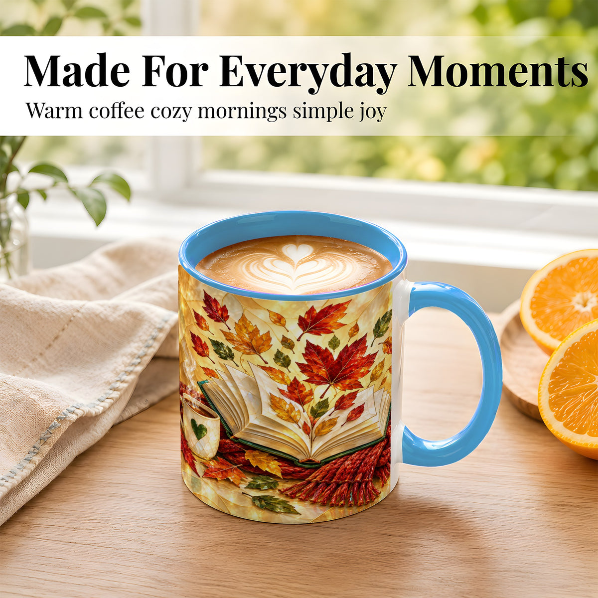 #pl[11oz|Blue] Stained Glass Autumn Coffee Mug, Cozy Reading Mug, Ceramic Cup