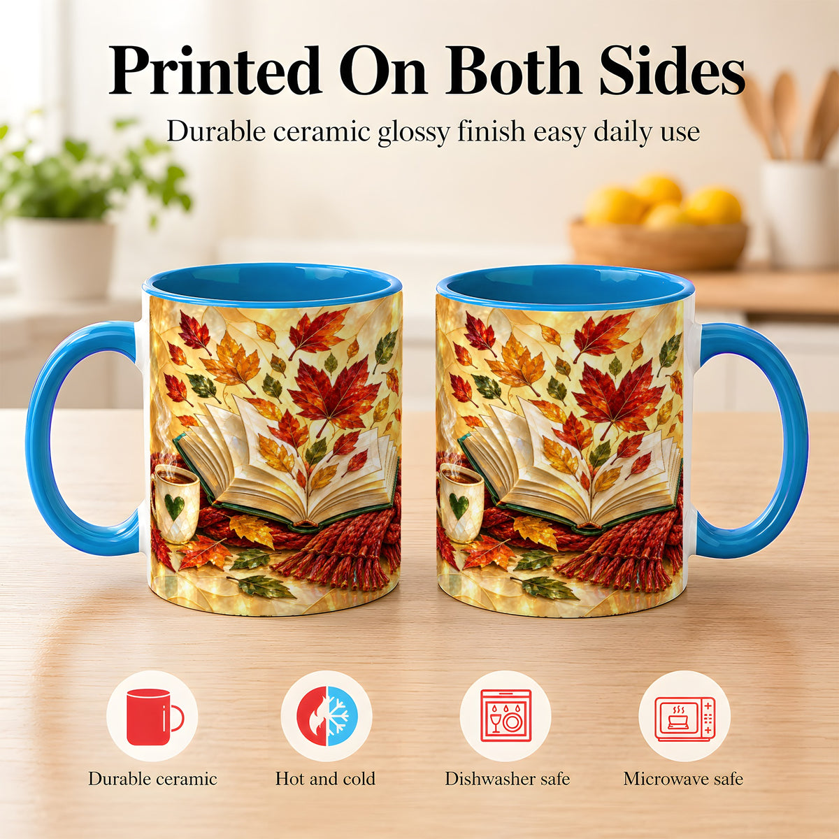 #pl[11oz|Blue] Stained Glass Autumn Coffee Mug, Cozy Reading Mug, Ceramic Cup