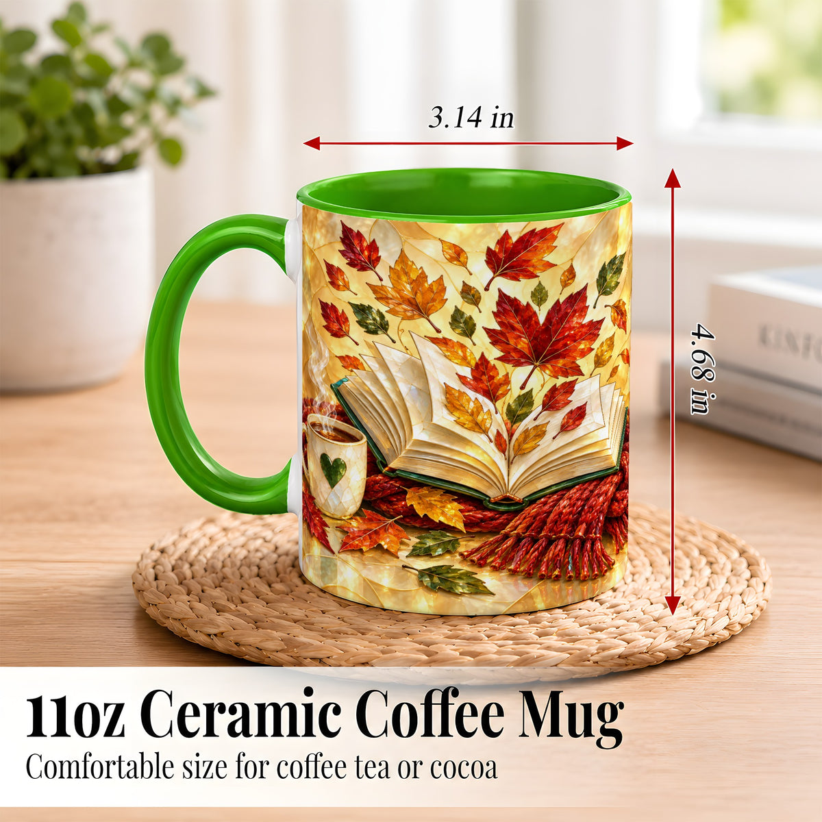 #pl[11oz|Green] Stained Glass Autumn Coffee Mug, Cozy Reading Mug, Ceramic Cup