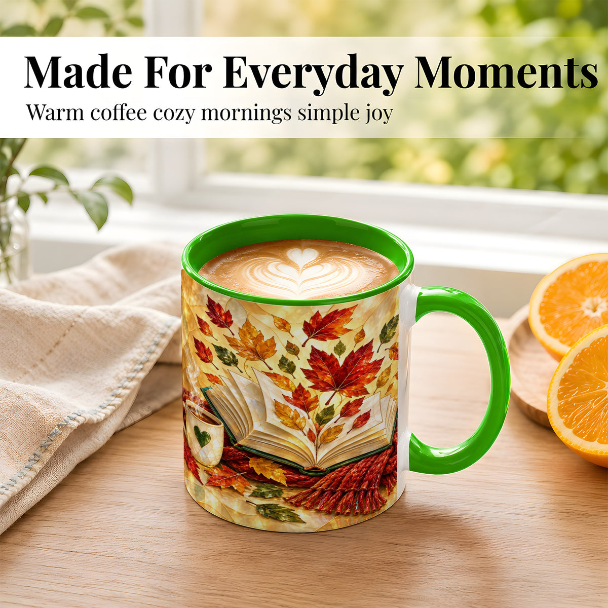 #pl[11oz|Green] Stained Glass Autumn Coffee Mug, Cozy Reading Mug, Ceramic Cup