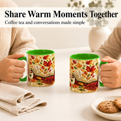 #pl[11oz|Green] Stained Glass Autumn Coffee Mug, Cozy Reading Mug, Ceramic Cup