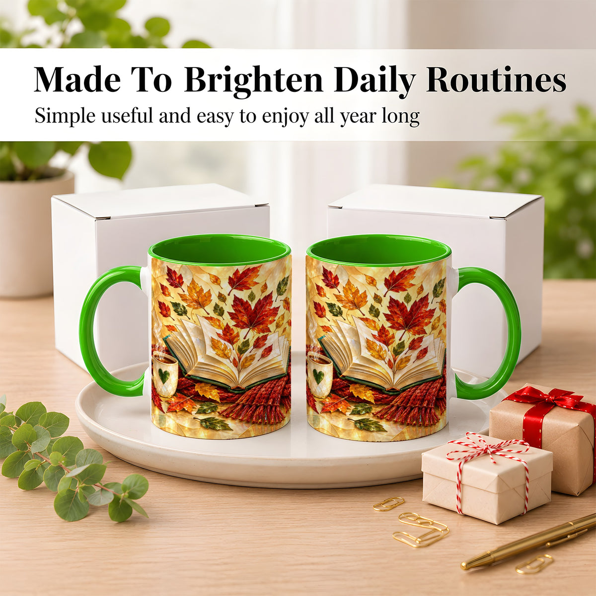 #pl[11oz|Green] Stained Glass Autumn Coffee Mug, Cozy Reading Mug, Ceramic Cup