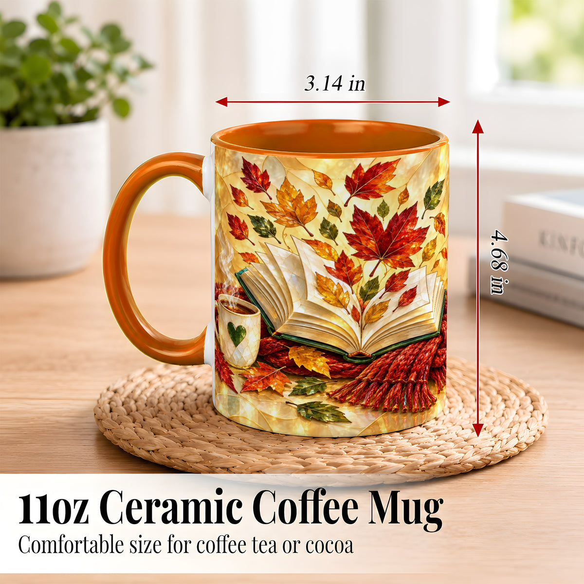 #pl[11oz|Orange] Stained Glass Autumn Coffee Mug, Cozy Reading Mug, Ceramic Cup