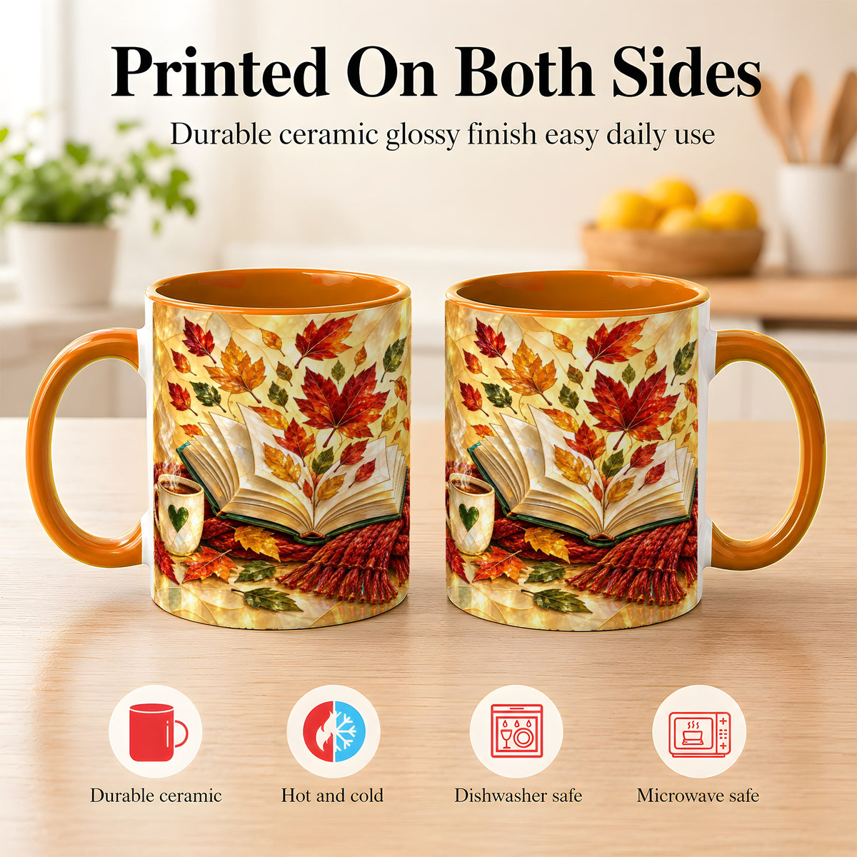 #pl[11oz|Orange] Stained Glass Autumn Coffee Mug, Cozy Reading Mug, Ceramic Cup