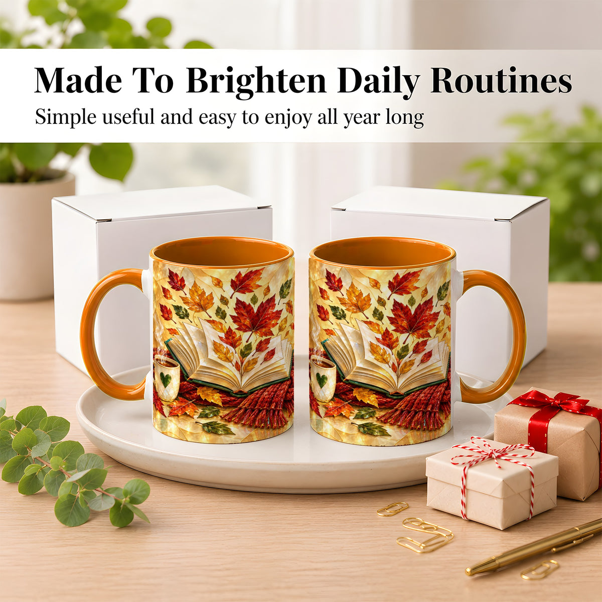 #pl[11oz|Orange] Stained Glass Autumn Coffee Mug, Cozy Reading Mug, Ceramic Cup