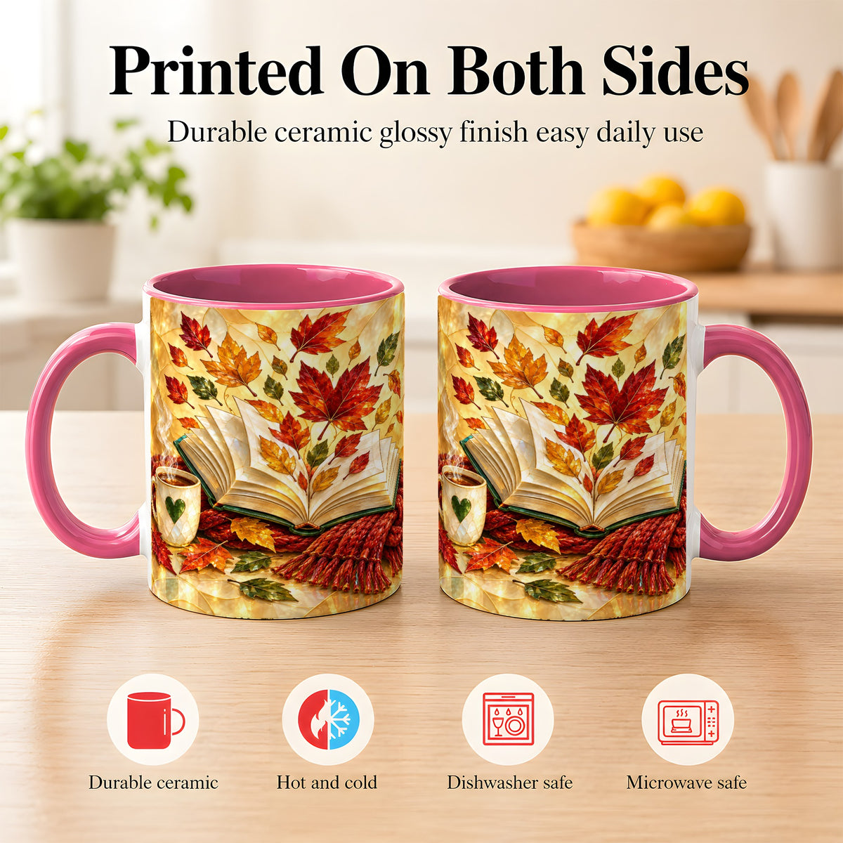#pl[11oz|Pink] Stained Glass Autumn Coffee Mug, Cozy Reading Mug, Ceramic Cup