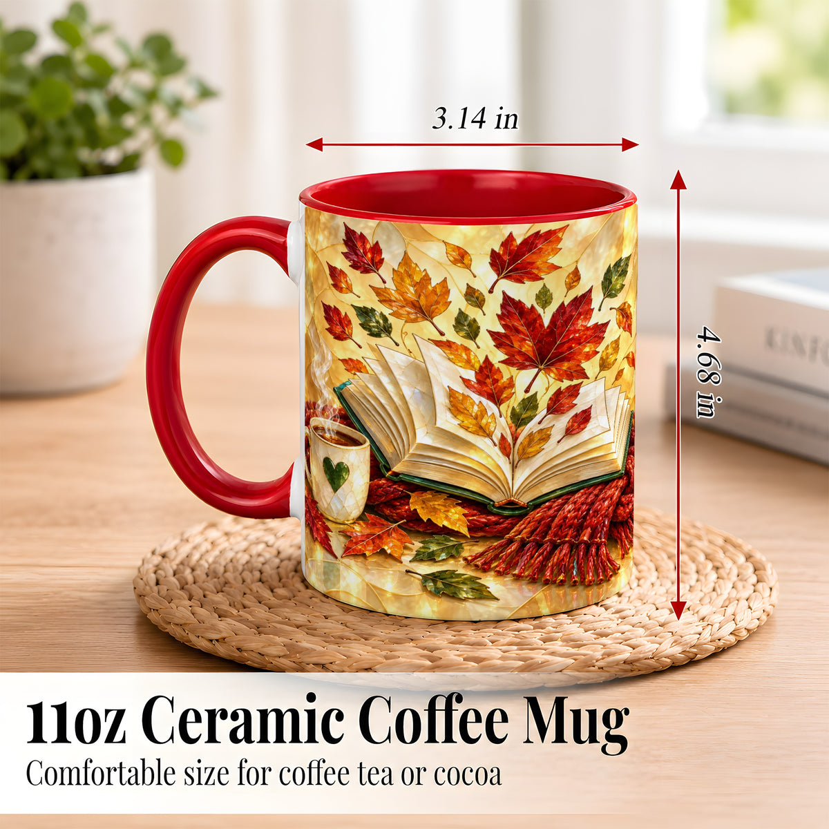 #pl[11oz|Red] Stained Glass Autumn Coffee Mug, Cozy Reading Mug, Ceramic Cup