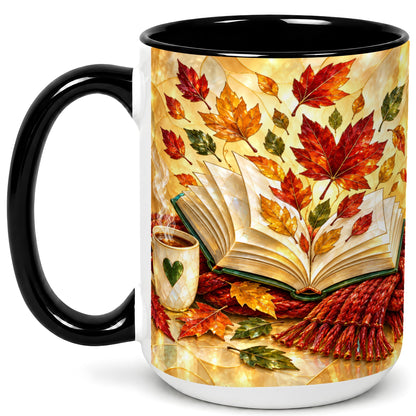 #pl[15oz|Black] Stained Glass Autumn Coffee Mug, Cozy Reading Mug, Ceramic Cup