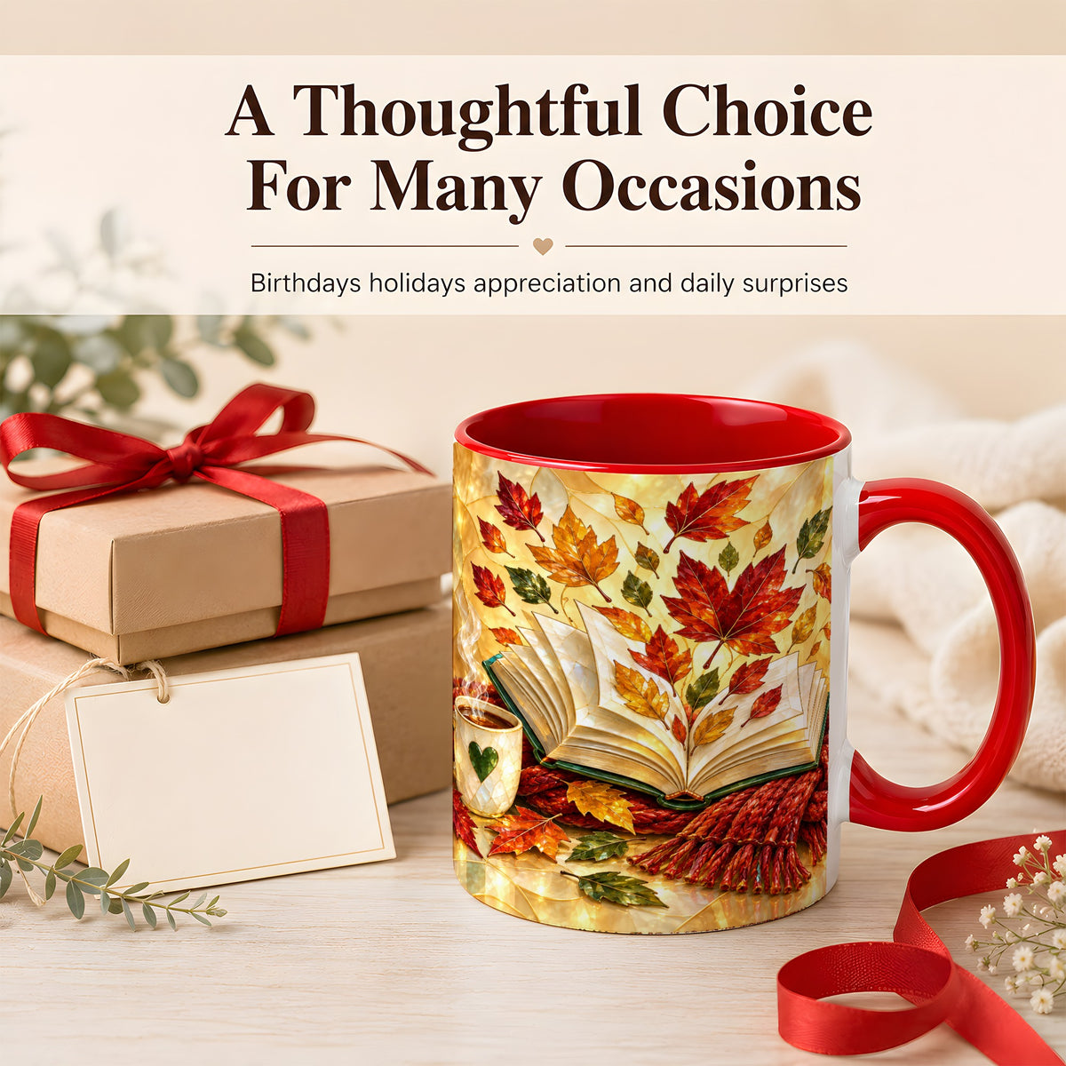 #pl[11oz|Red] Stained Glass Autumn Coffee Mug, Cozy Reading Mug, Ceramic Cup