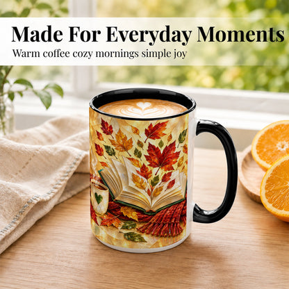 #pl[15oz|Black] Stained Glass Autumn Coffee Mug, Cozy Reading Mug, Ceramic Cup