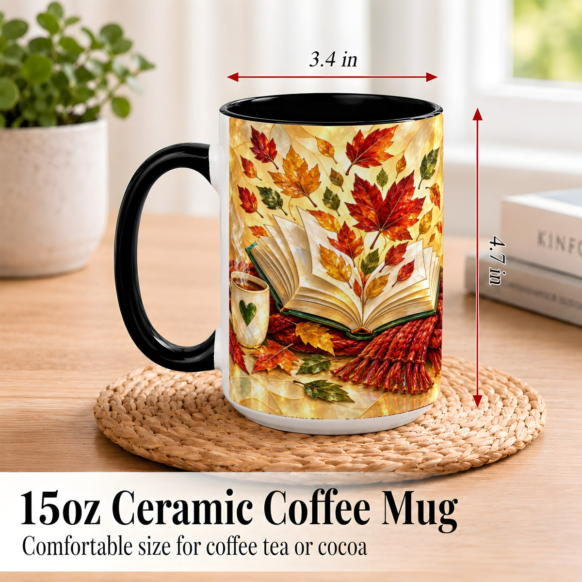 #pl[15oz|Black] Stained Glass Autumn Coffee Mug, Cozy Reading Mug, Ceramic Cup