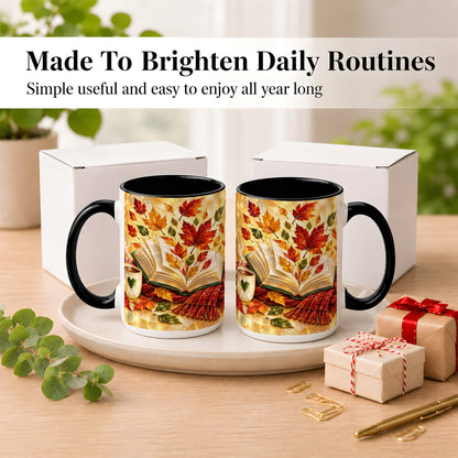 #pl[15oz|Black] Stained Glass Autumn Coffee Mug, Cozy Reading Mug, Ceramic Cup