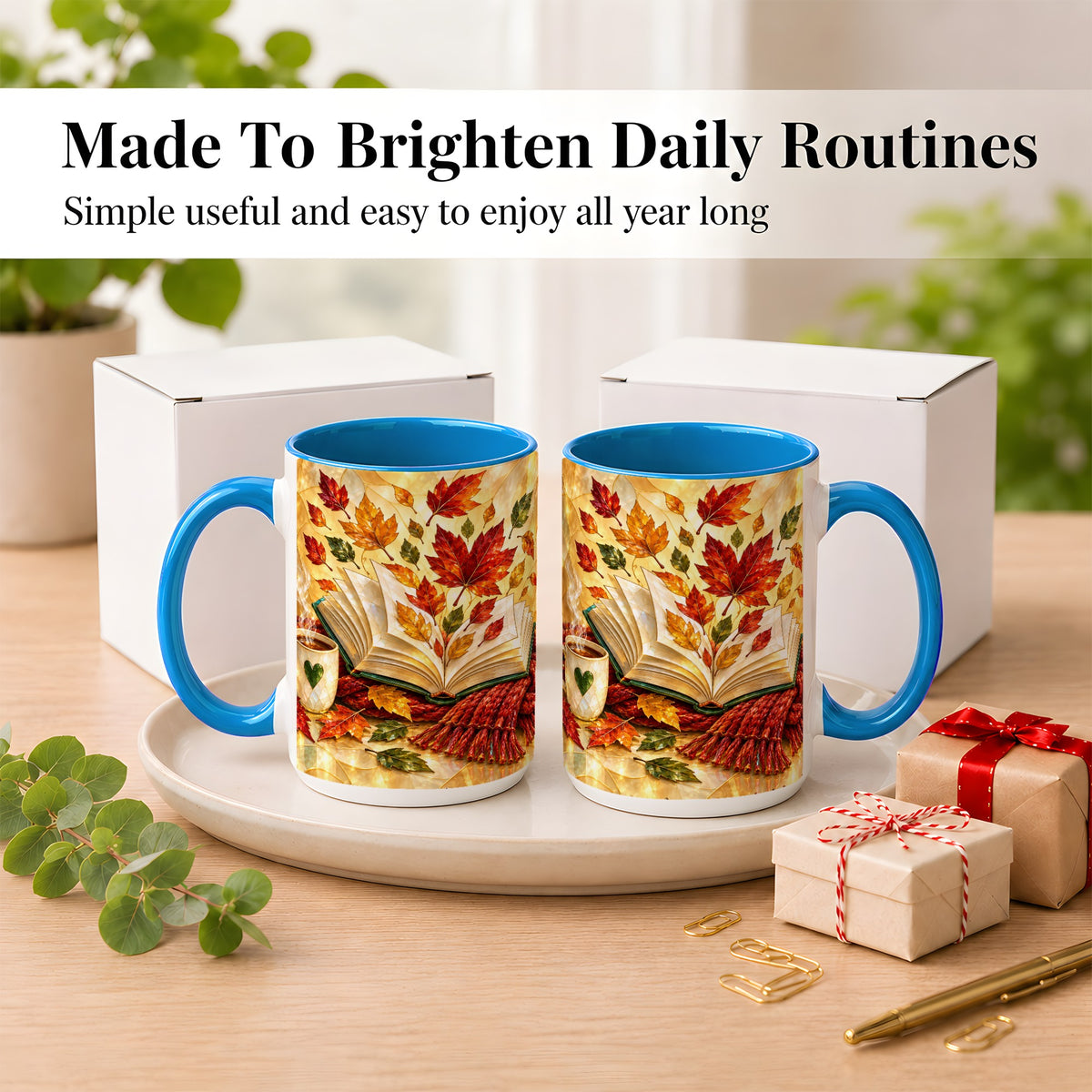#pl[15oz|Blue] Stained Glass Autumn Coffee Mug, Cozy Reading Mug, Ceramic Cup