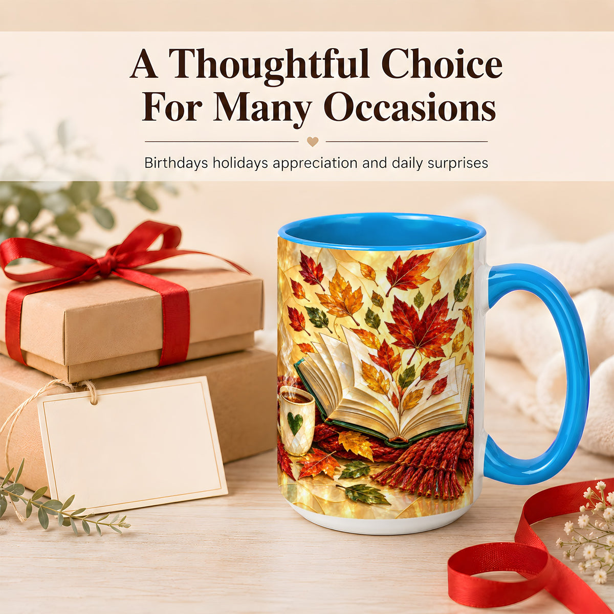 #pl[15oz|Blue] Stained Glass Autumn Coffee Mug, Cozy Reading Mug, Ceramic Cup