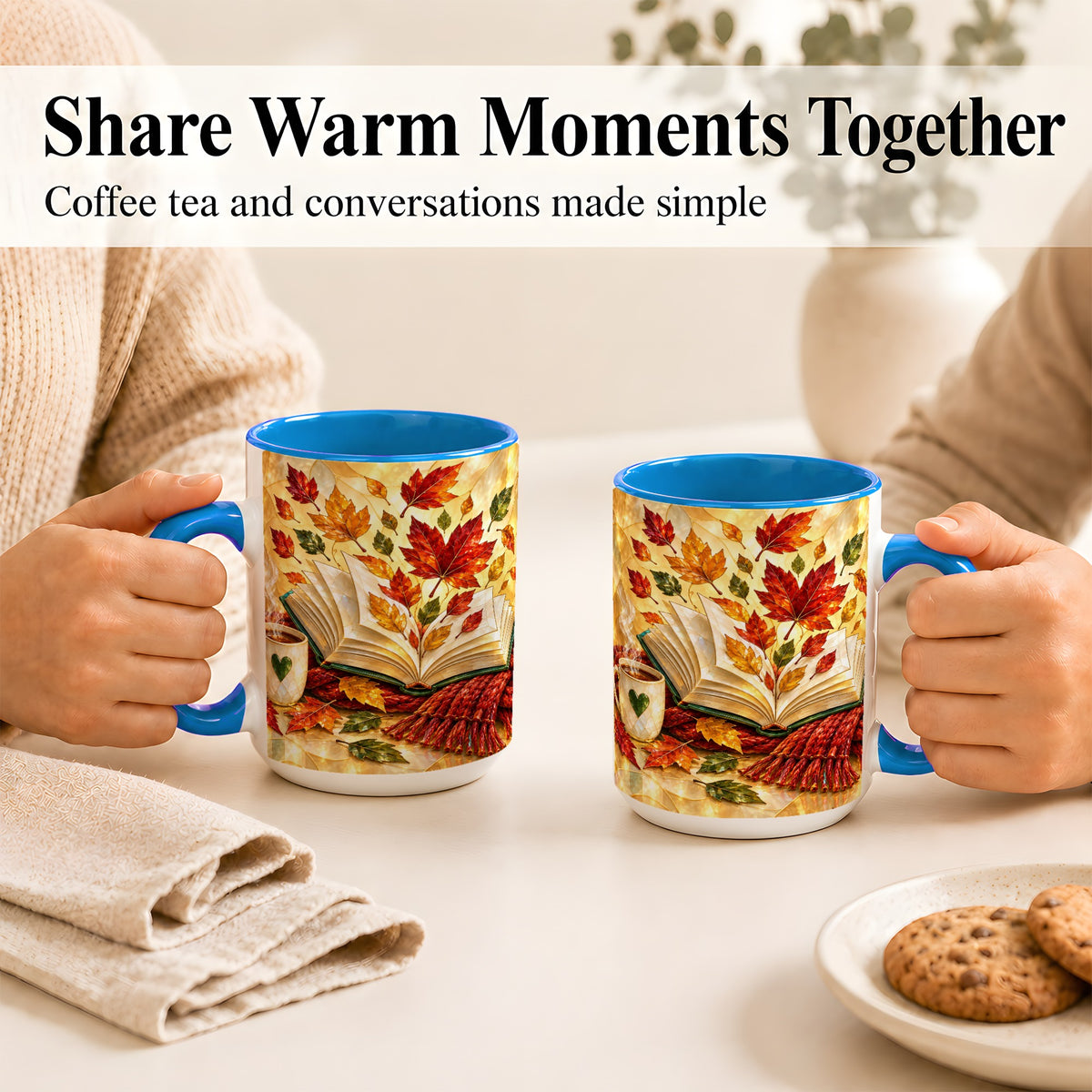 #pl[15oz|Blue] Stained Glass Autumn Coffee Mug, Cozy Reading Mug, Ceramic Cup