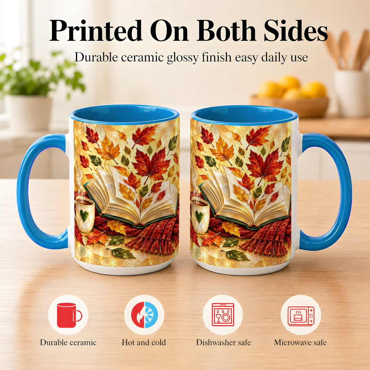 #pl[15oz|Blue] Stained Glass Autumn Coffee Mug, Cozy Reading Mug, Ceramic Cup