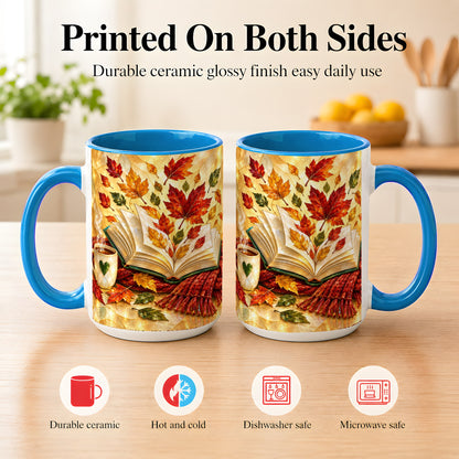 #pl[15oz|Blue] Stained Glass Autumn Coffee Mug, Cozy Reading Mug, Ceramic Cup