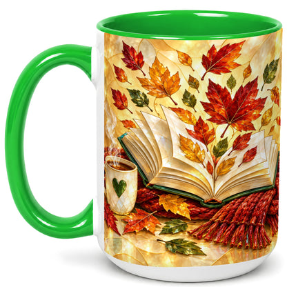 #pl[15oz|Green] Stained Glass Autumn Coffee Mug, Cozy Reading Mug, Ceramic Cup
