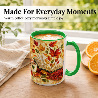 #pl[15oz|Green] Stained Glass Autumn Coffee Mug, Cozy Reading Mug, Ceramic Cup