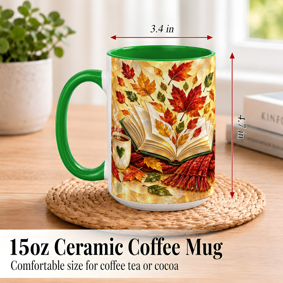 #pl[15oz|Green] Stained Glass Autumn Coffee Mug, Cozy Reading Mug, Ceramic Cup