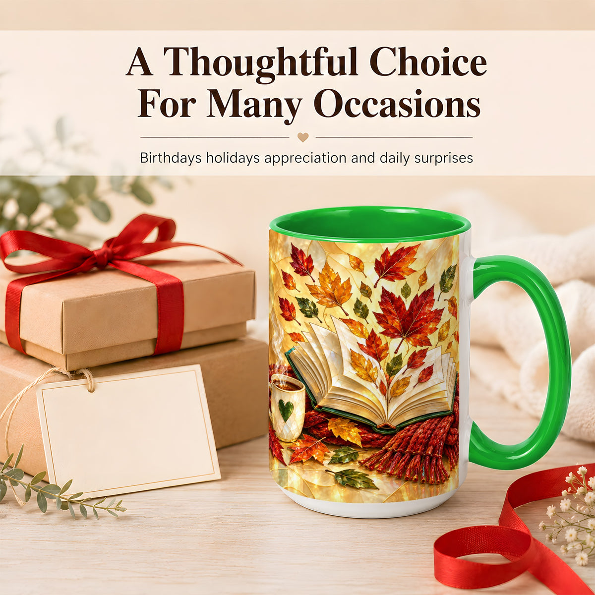 #pl[15oz|Green] Stained Glass Autumn Coffee Mug, Cozy Reading Mug, Ceramic Cup