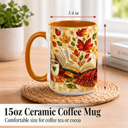 #pl[15oz|Orange] Stained Glass Autumn Coffee Mug, Cozy Reading Mug, Ceramic Cup