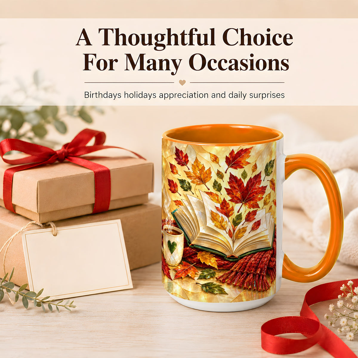 #pl[15oz|Orange] Stained Glass Autumn Coffee Mug, Cozy Reading Mug, Ceramic Cup