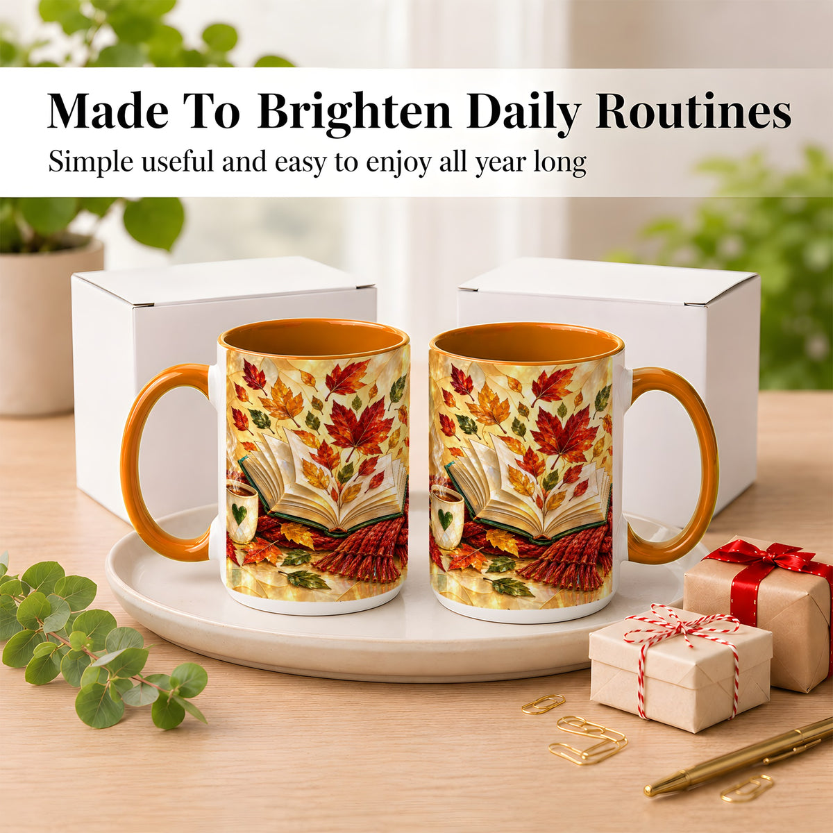 #pl[15oz|Orange] Stained Glass Autumn Coffee Mug, Cozy Reading Mug, Ceramic Cup