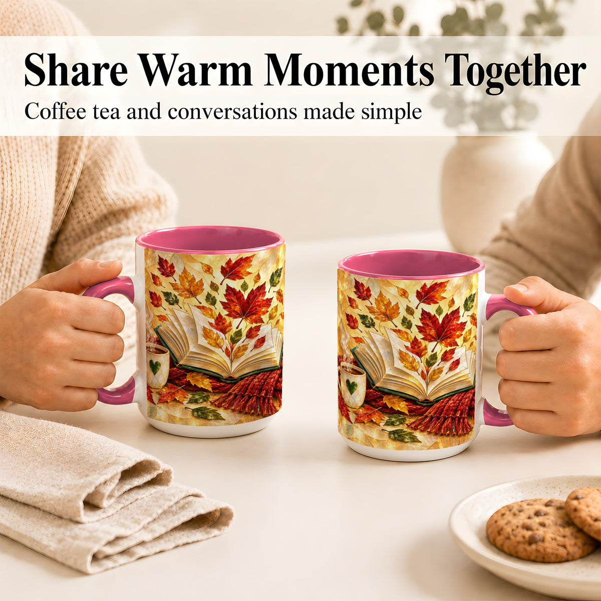 #pl[15oz|Pink] Stained Glass Autumn Coffee Mug, Cozy Reading Mug, Ceramic Cup