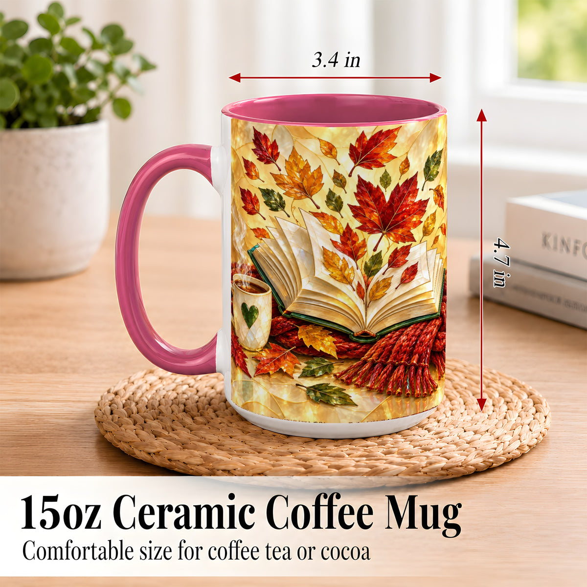 #pl[15oz|Pink] Stained Glass Autumn Coffee Mug, Cozy Reading Mug, Ceramic Cup
